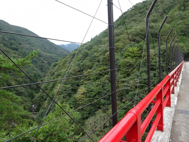 豊かな山々と赤い橋