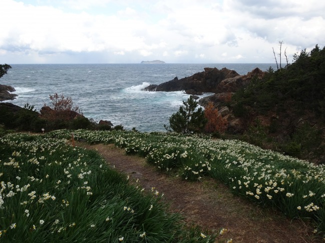 公園内の散策路。海に高島が見えます。