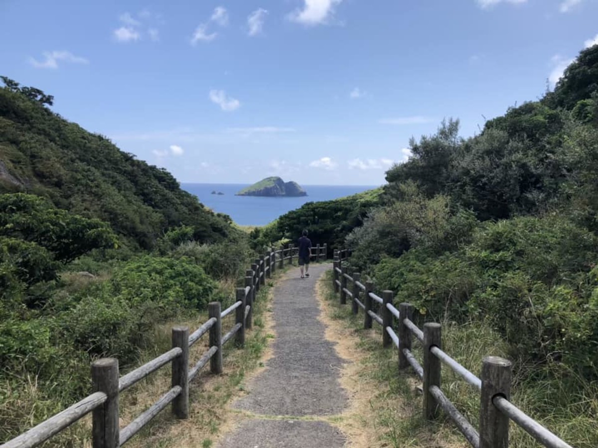 道のずっと先に見える島は『神島』。